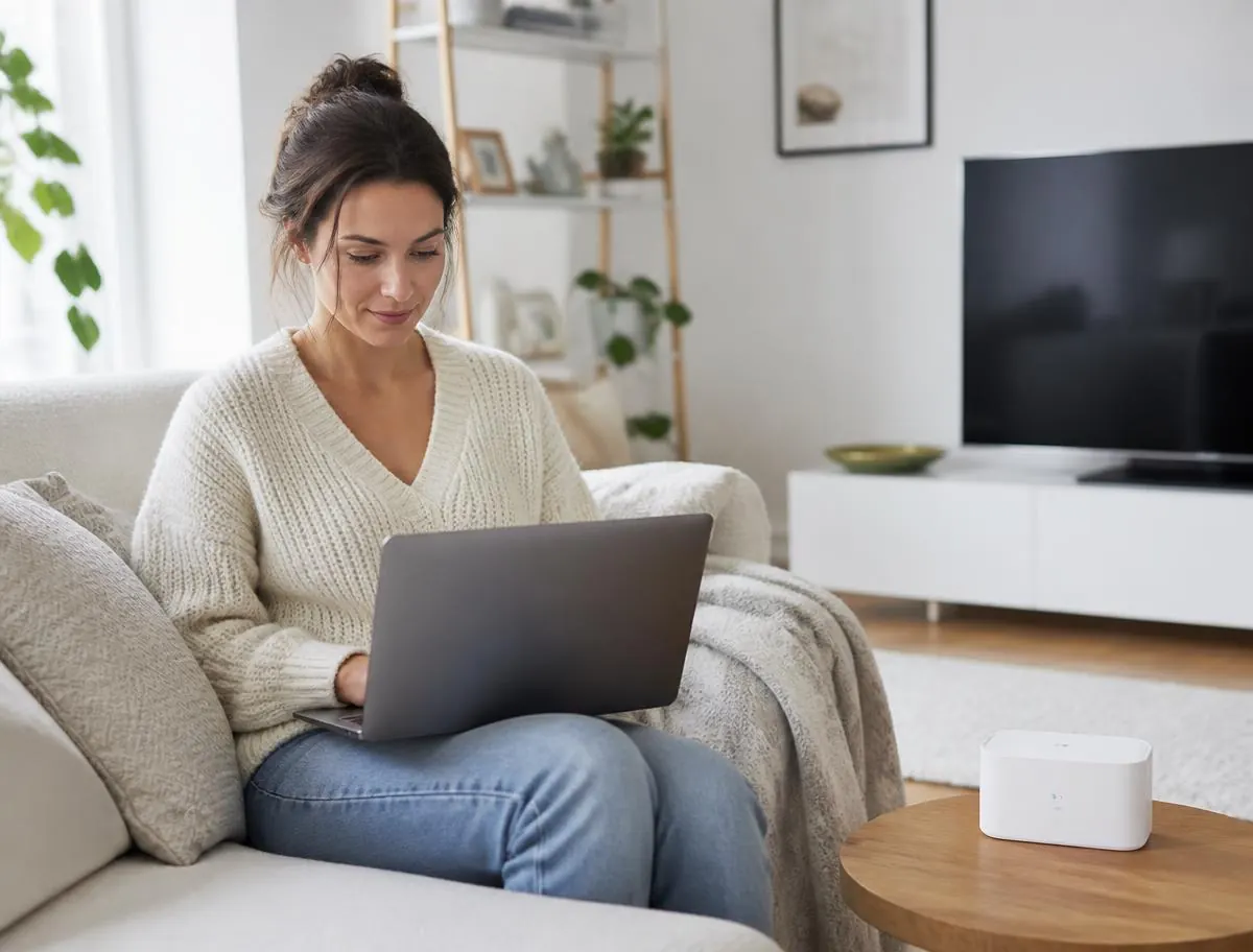 Personne installée dans un salon lumineux avec son ordinateur portable et sa box internet